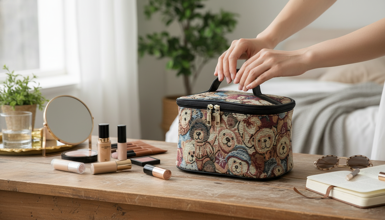 Bear Print Double-Zip Cosmetic Bag: Large & Portable