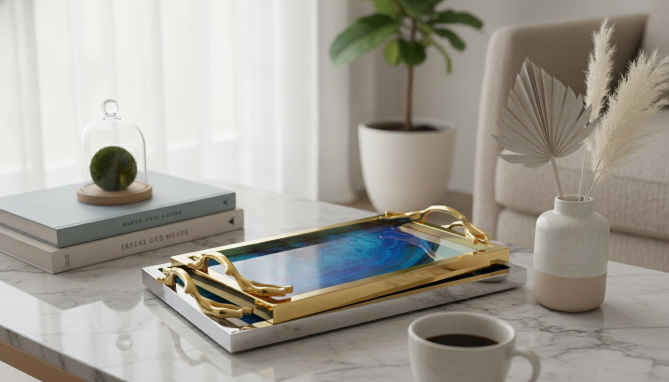 Blue Agate Ceramic Tray with Gold Trim for Styling