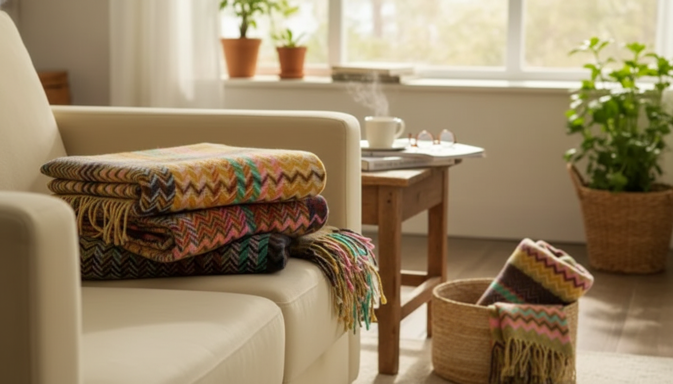 Ethnic Woven Throw Blanket with Wavy Tassels for Home & Outdoors