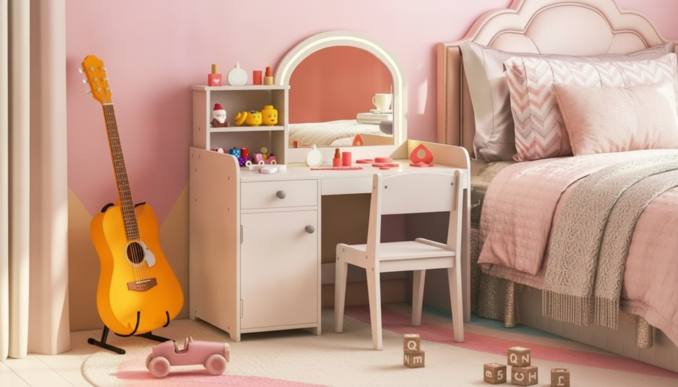 Kids Vanity Set: Lighted Mirror + Storage (2-in-1)