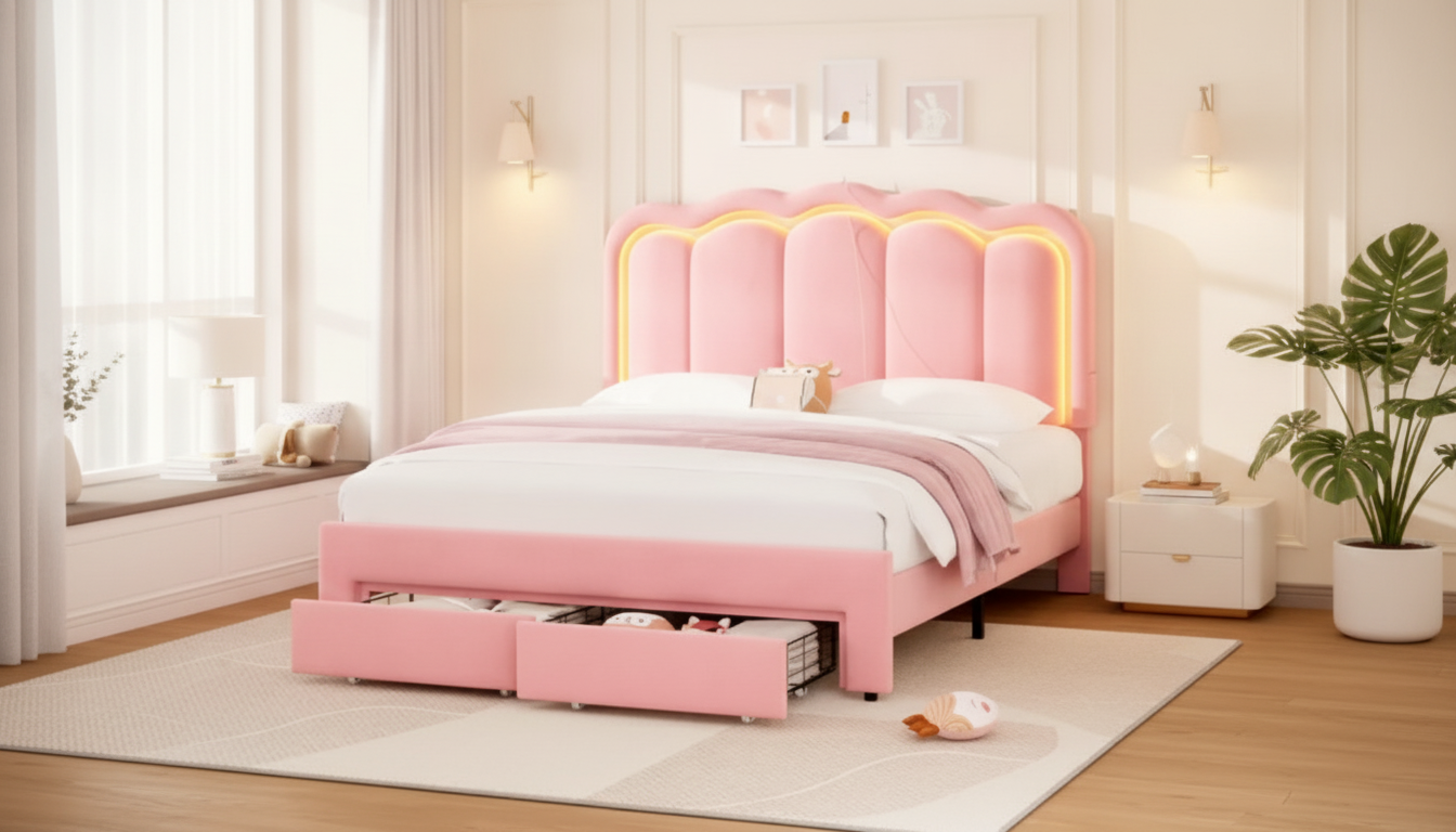 Velvet Full Bed Frame with LEDs, Drawers & Wavy Headboard