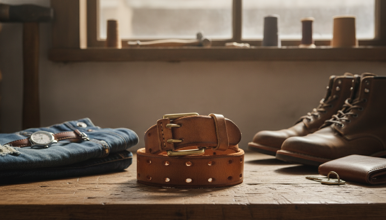 Full-Grain Men’s Belt with Brass Double-Pin Buckle