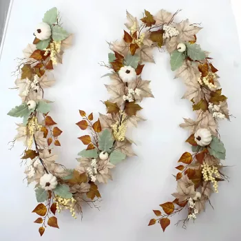 70-Inch Autumn Garland: White Pumpkins, Berries & Leaves